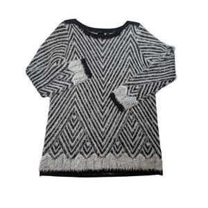 Fuzzy Chevron V Neck Pullover Sweater Black White Cozy Texture Womens XL Soft